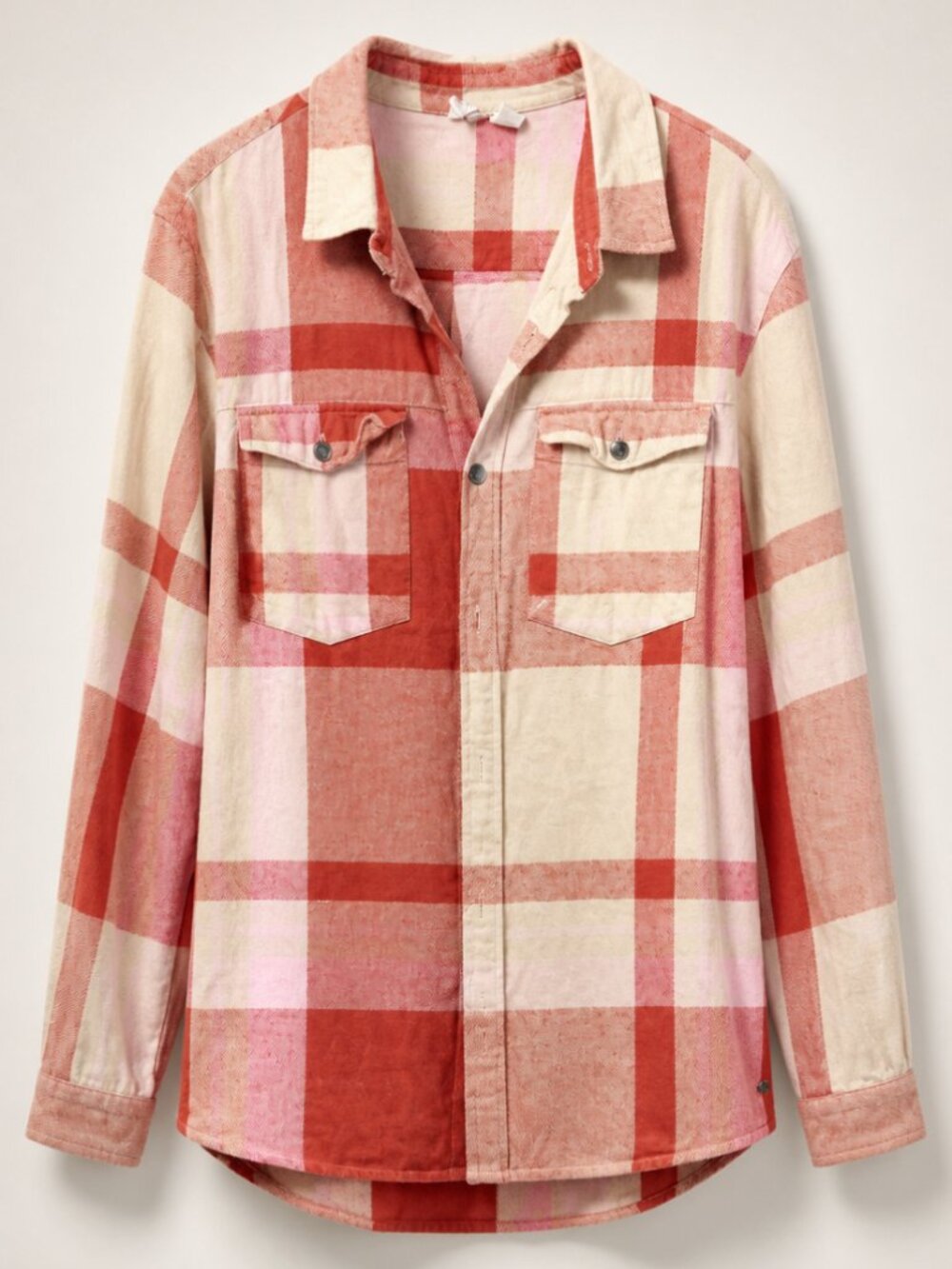 Women’s Plaid Button-Up Shirt Jacket in Coral & Cream - 14
